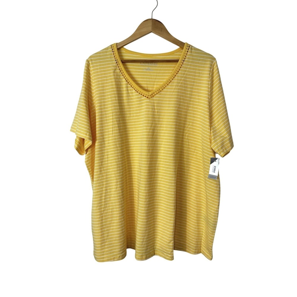 Catherines Suprema Collection Top Womens Plus 1X Yellow White Striped V‎ Neck